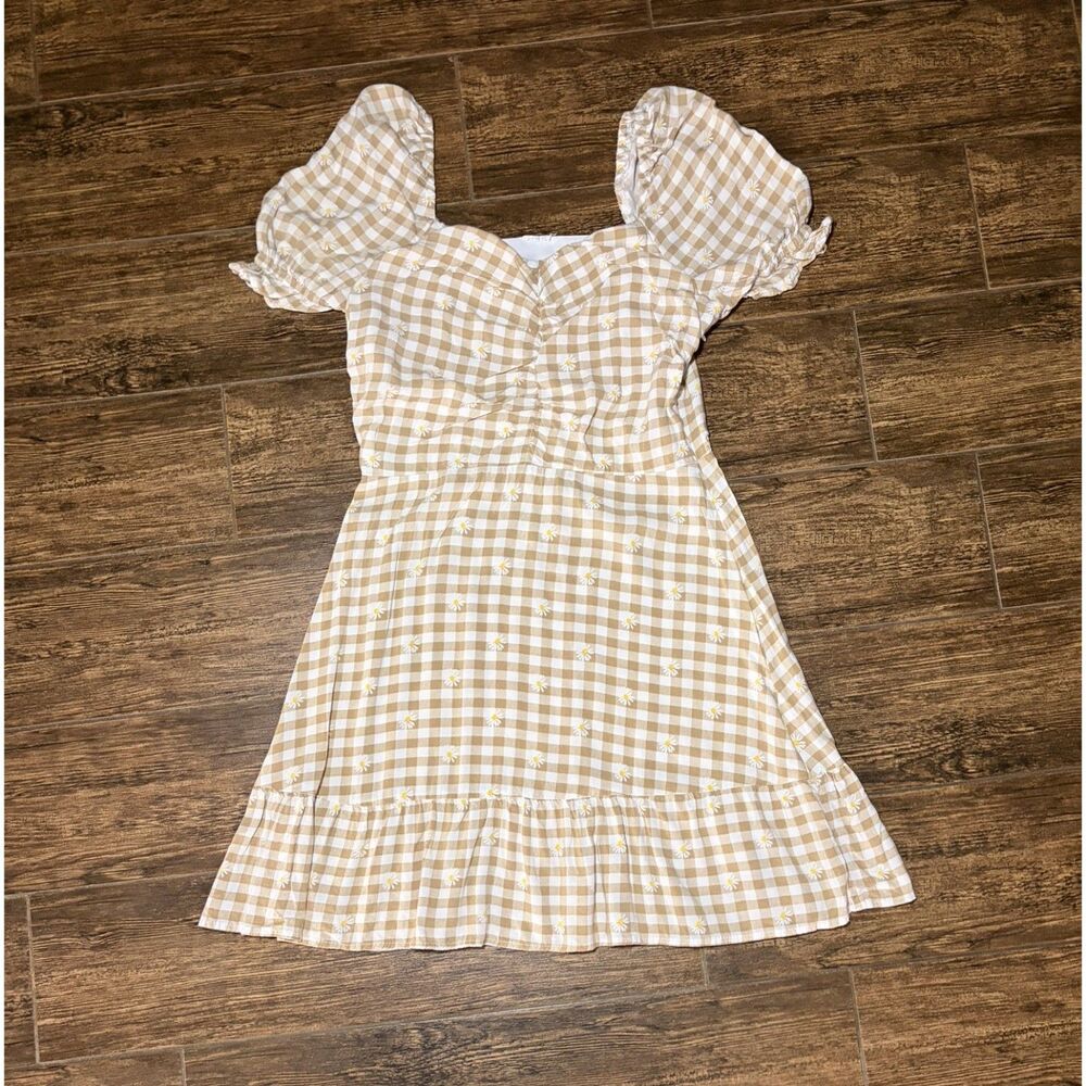 Tan Gingham Daisy Print Dress - S